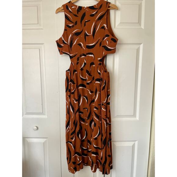 Anthropologie Corey Lynn Calter Brown Black Print Cut Out Midi Dress • Size XL - Picture 3 of 5